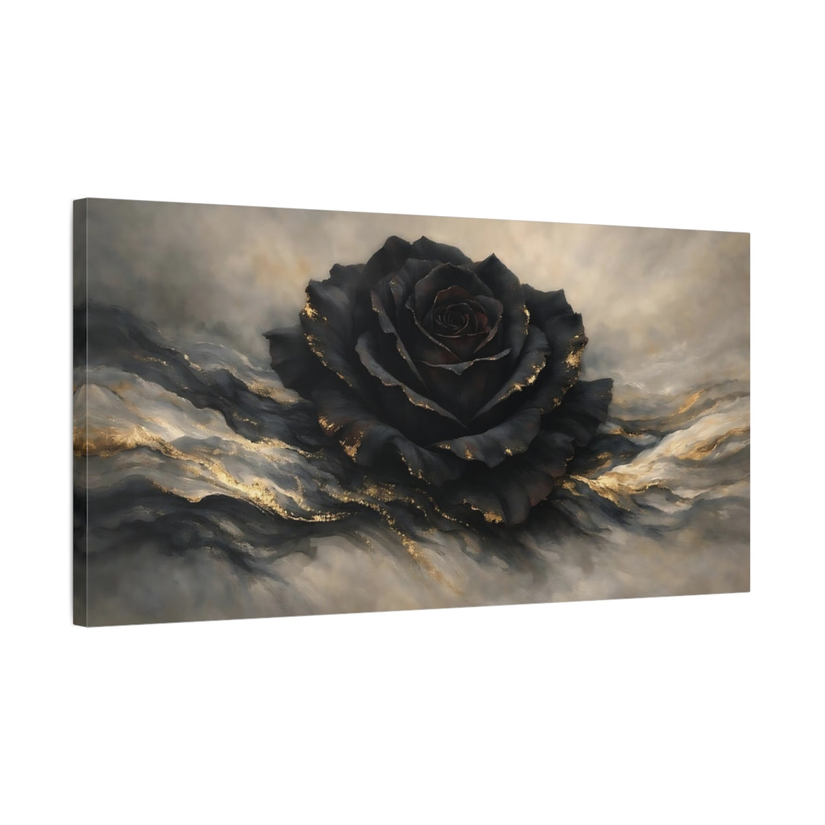 Side Mockup 2. Floral Black Rose Black And Gold Rose shown as stretched canvas wall art