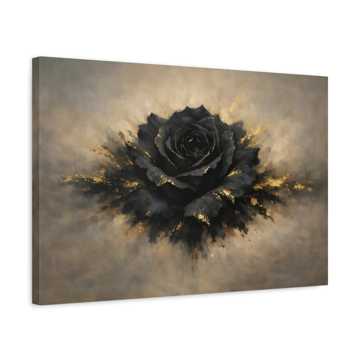 Side Mockup 3. Floral Black Rose Black And Gold shown as stretched canvas wall art