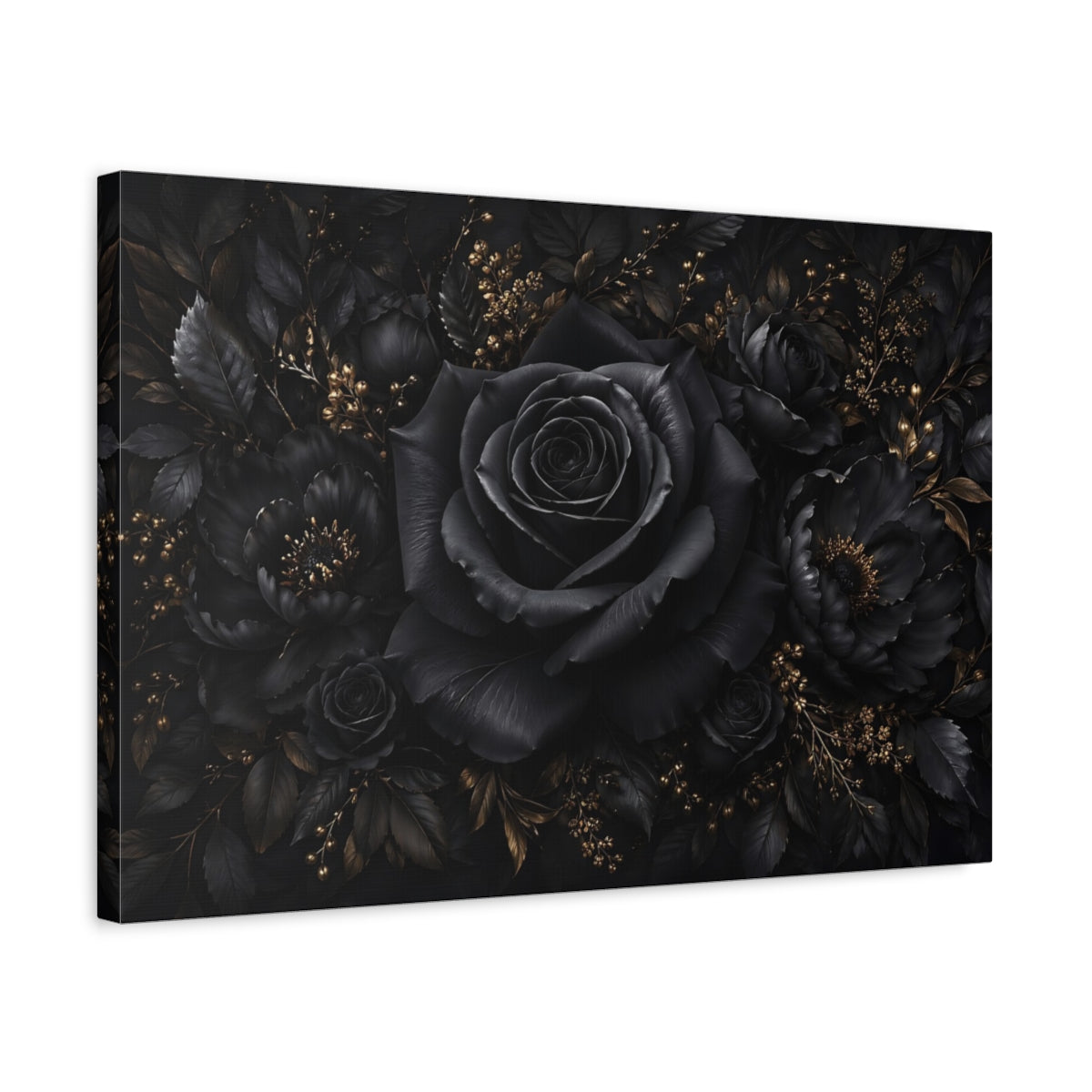 Side Mockup 3. Floral Black Rose Black Gold Floral shown as stretched canvas wall art