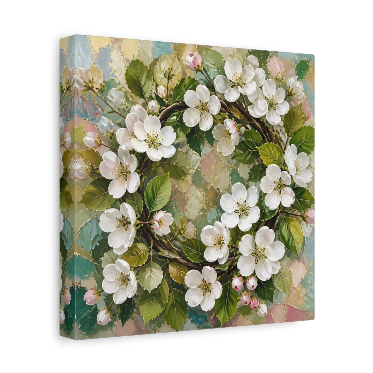 Side Mockup 9. Floral Blossom Wreath Pastel Floral Wreath shown as stretched canvas wall art
