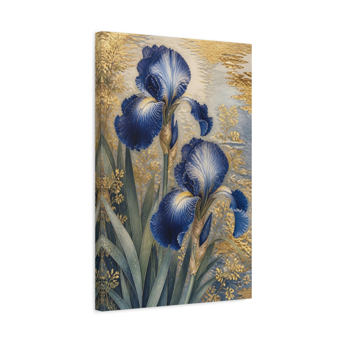 Side Mockup 3. Floral Blue Irises Blue And Gold shown as canvas print