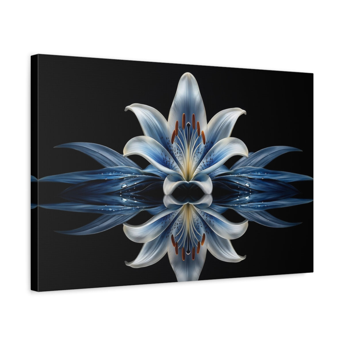 Side Mockup 3. Floral Blue Lily Blue And Black shown as stretched canvas wall art