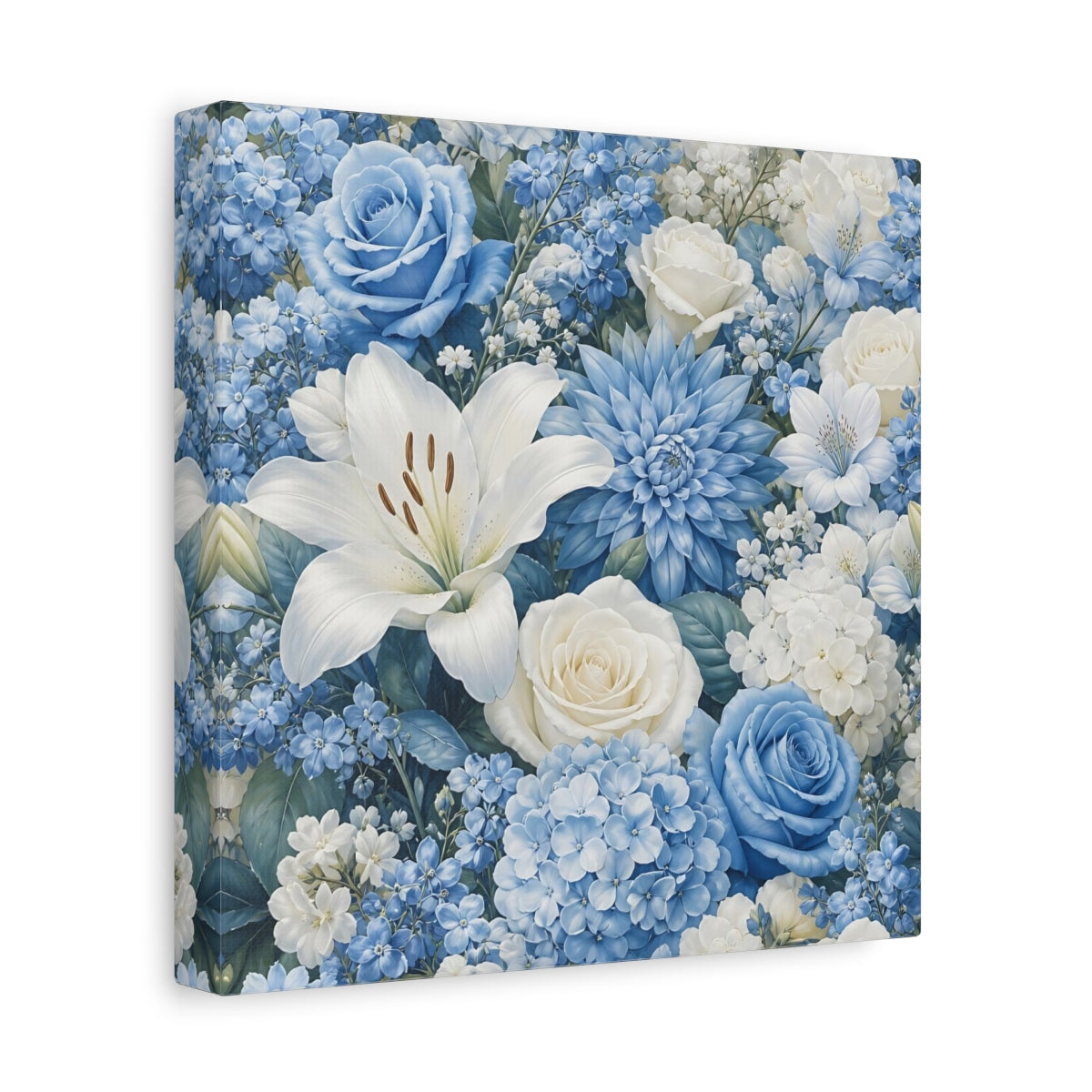 Side Mockup 9. Floral Floral Bouquet Blue White Floral shown as stretched canvas wall art