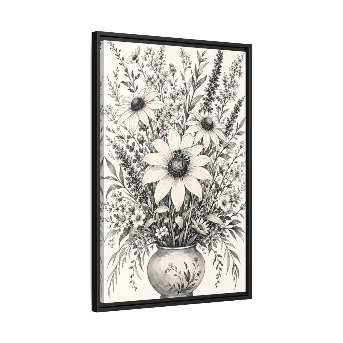 Floral Bouquet Monochrome Framed Canvas Print – Living Room, Above Fireplace - YesArtYes