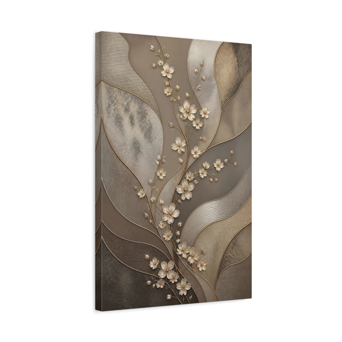 Floral Branch Taupe And Gold Canvas Print – Living Room, Above Couch - YesArtYes