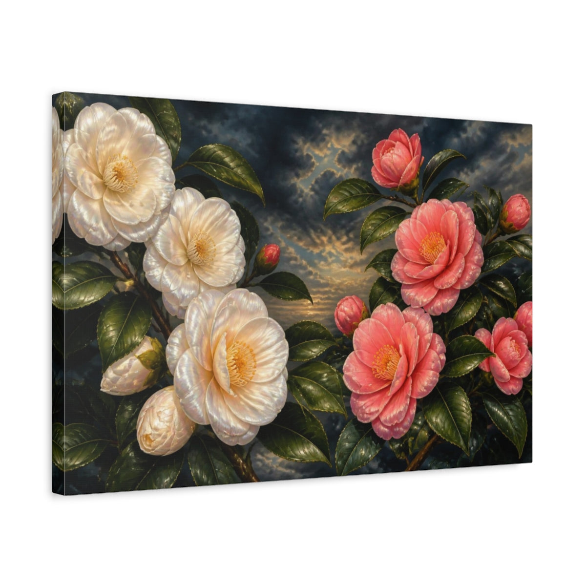 Side Mockup 3. Floral Camellia Evening shown as canvas print