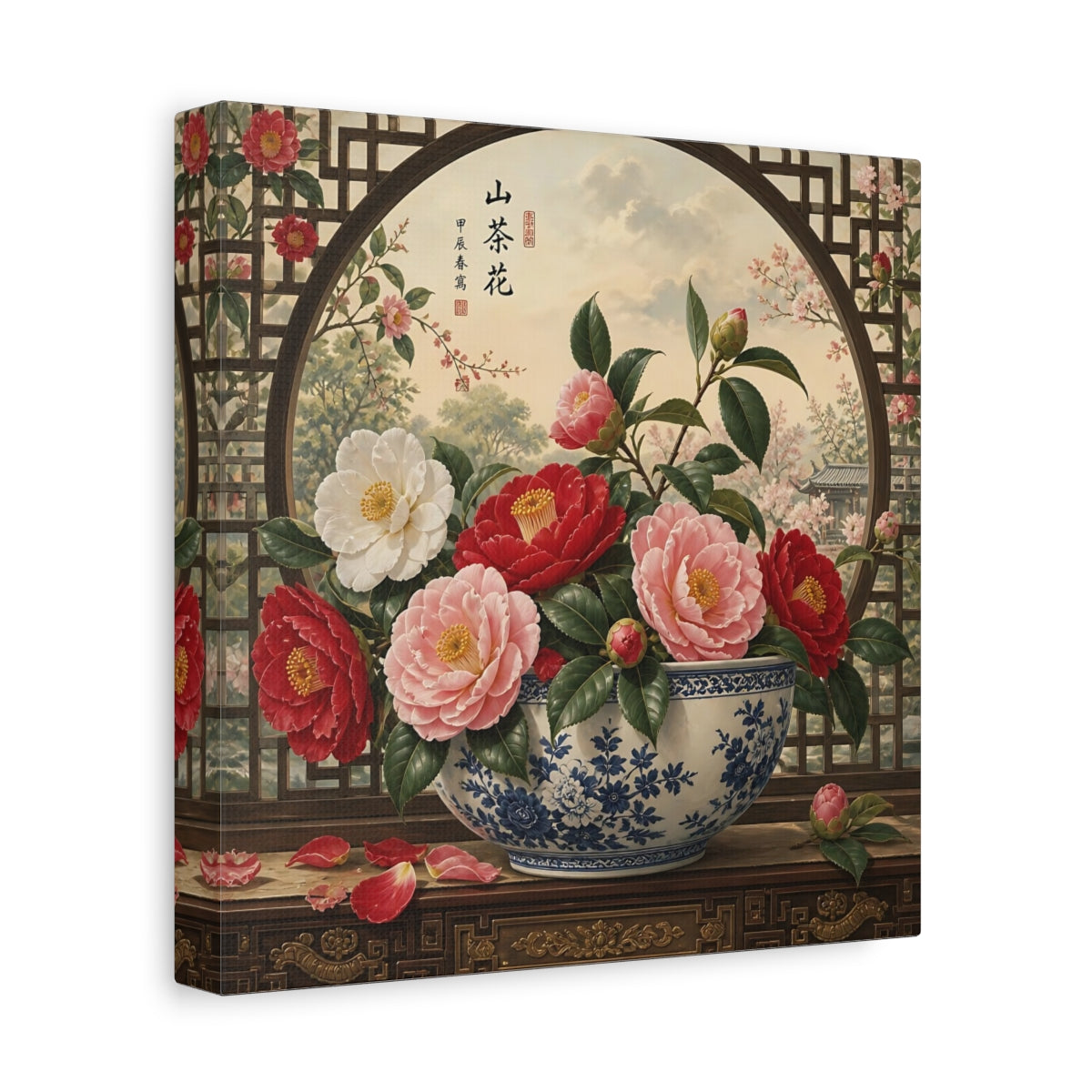 Side Mockup 9. Floral Camellia Flowers Traditional Camellia shown as stretched canvas wall art