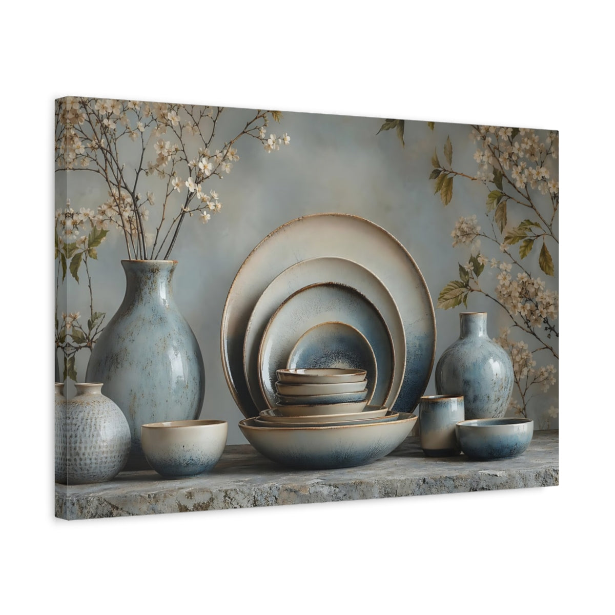 Side Mockup 3. Floral Ceramic Pottery Blue And Beige shown as stretched canvas wall art