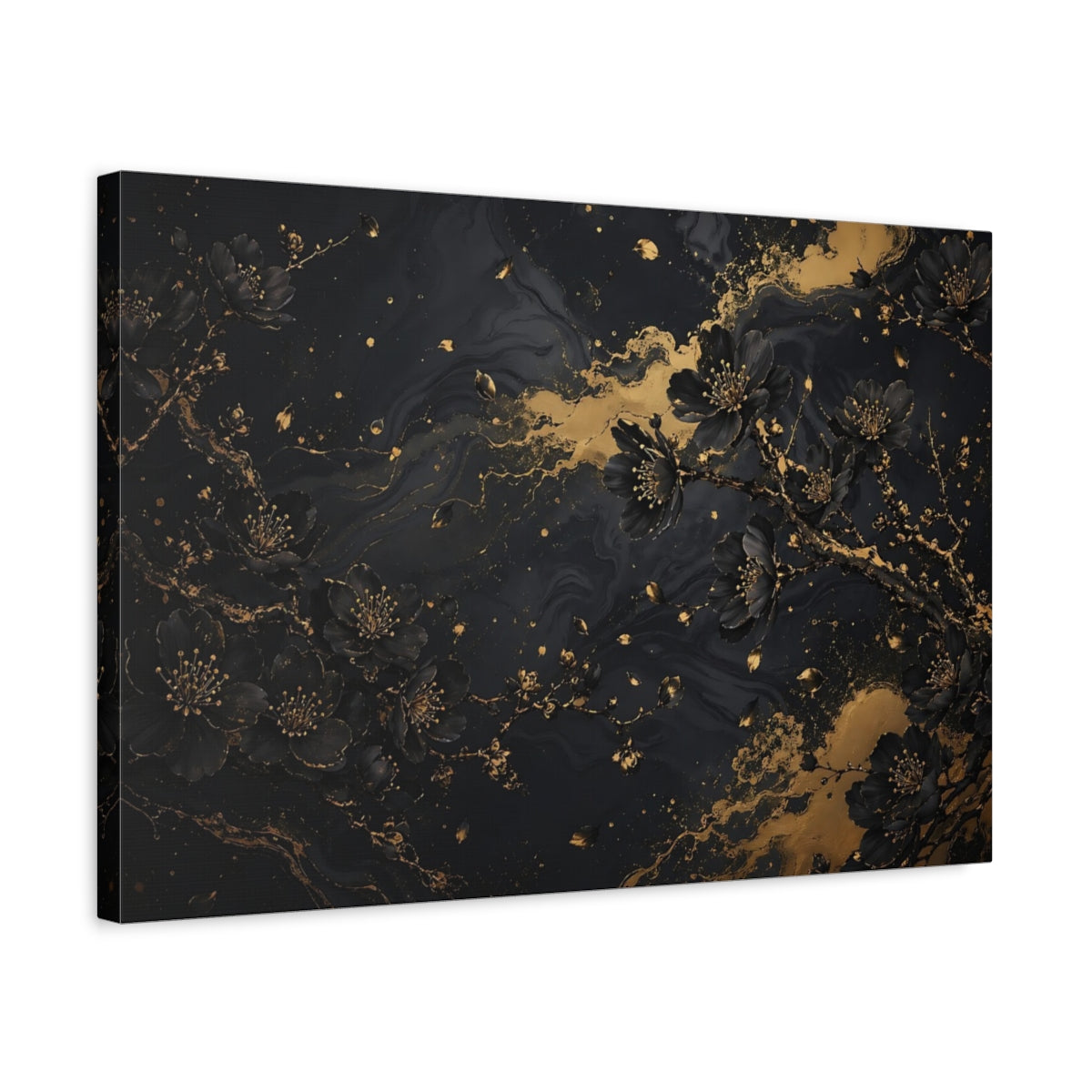 Side Mockup 3. Floral Cherry Blossoms Black And Gold shown as stretched canvas wall art