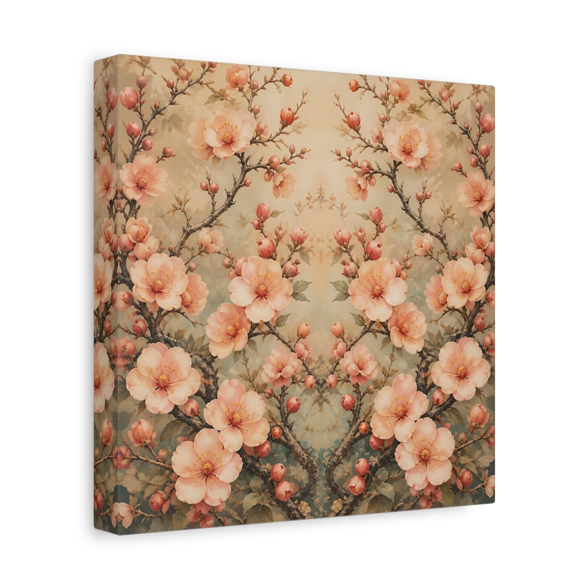 Side Mockup 9. Floral Cherry Blossoms Blush Teal Floral shown as stretched canvas wall art