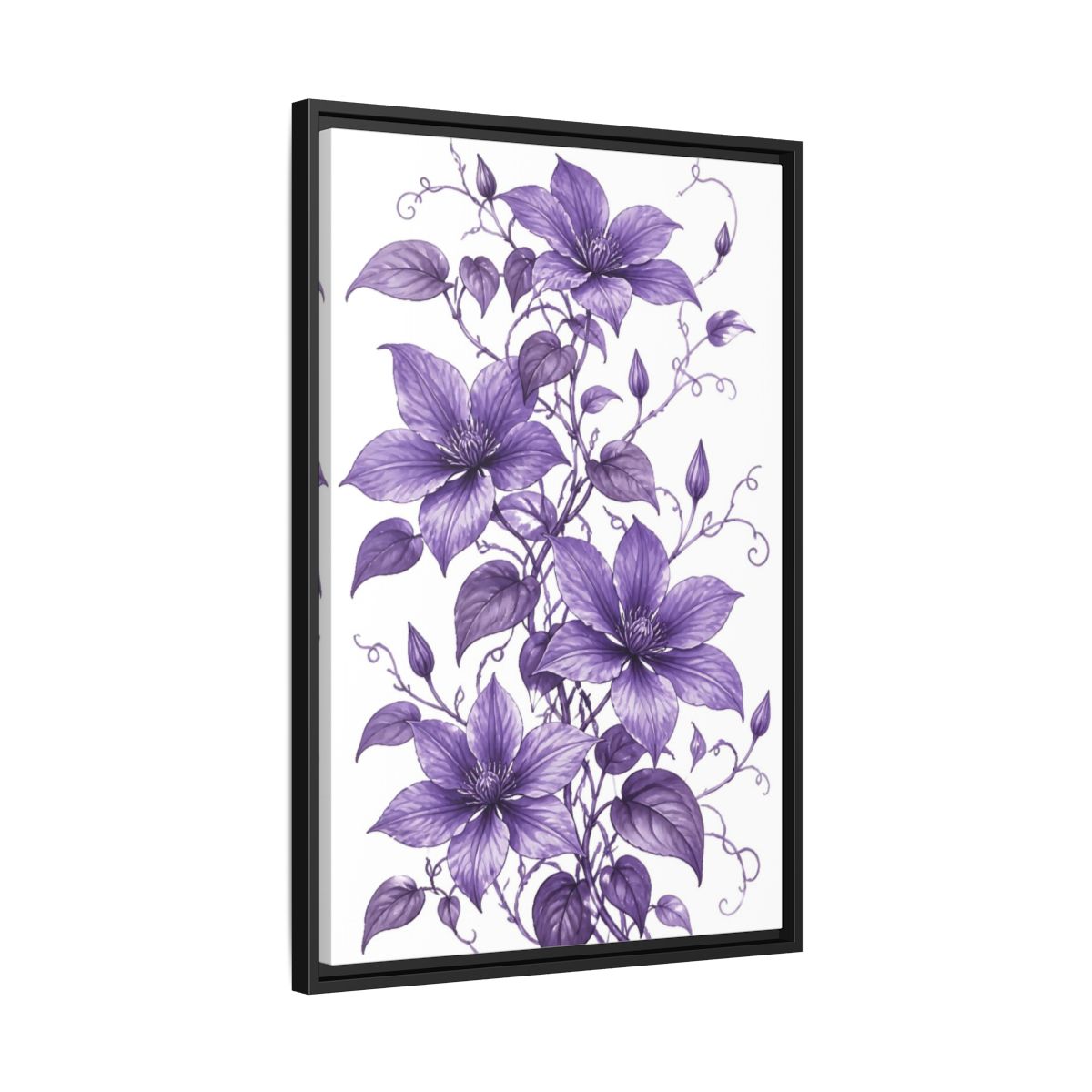Side Mockup 14. Floral Clematis Flowers Purple Clematis shown as framed canvas print