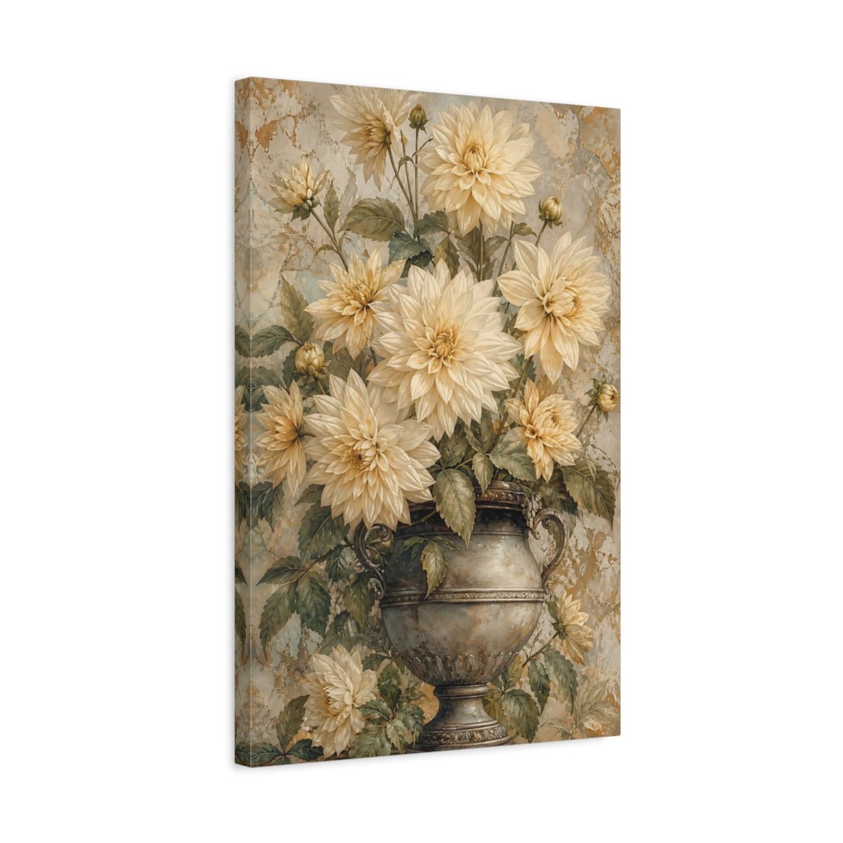 Floral Dahlias Cream And Gold Canvas Print – Living Room, Above Fireplace - YesArtYes