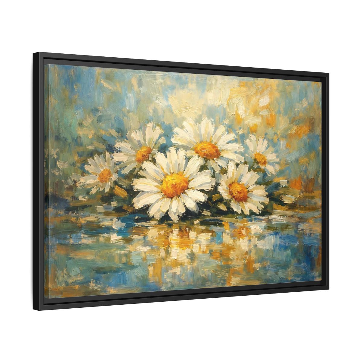 Side Mockup 14. Floral Daisies White Daisies Blue shown as stretched canvas wall art