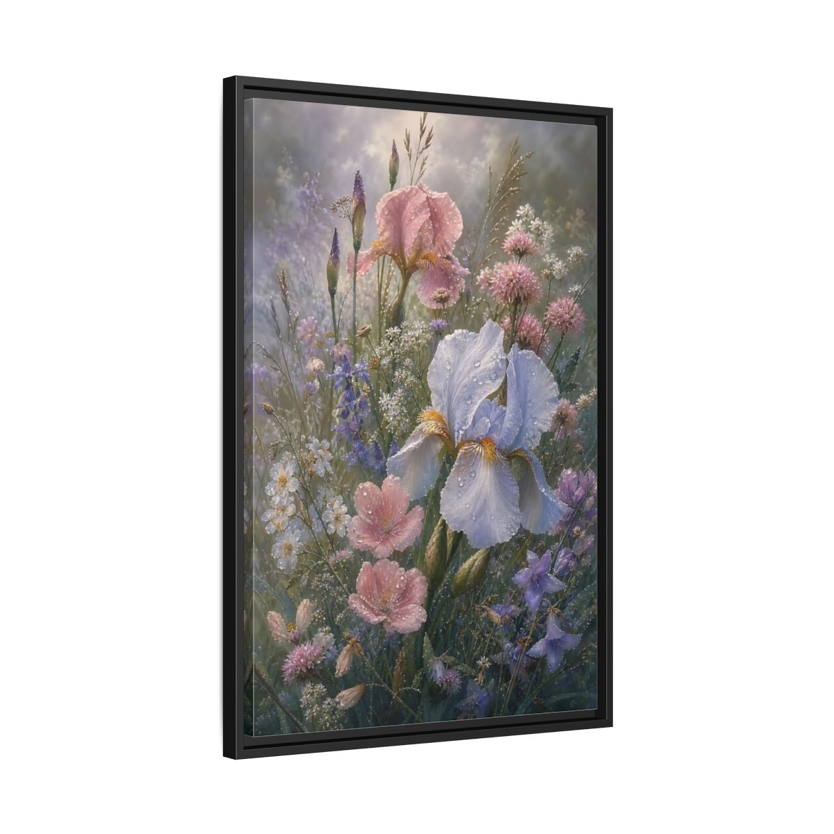 Side Mockup 14. Floral Dewy Flowers Pastel Floral shown as framed canvas print