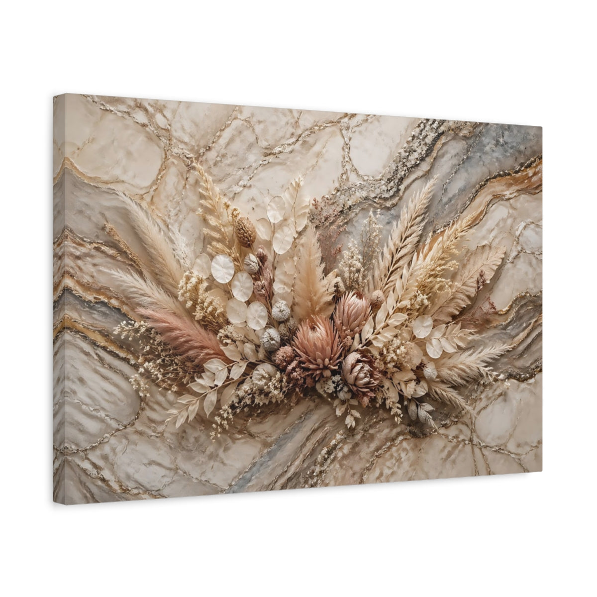 Side Mockup 3. Floral Dried Flowers Neutral Dried Flowers shown as stretched canvas wall art