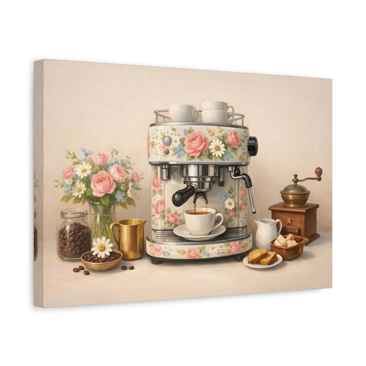 Floral Espresso Machine Coffee Scene - Canvas Wall Art Print - YesArtYes