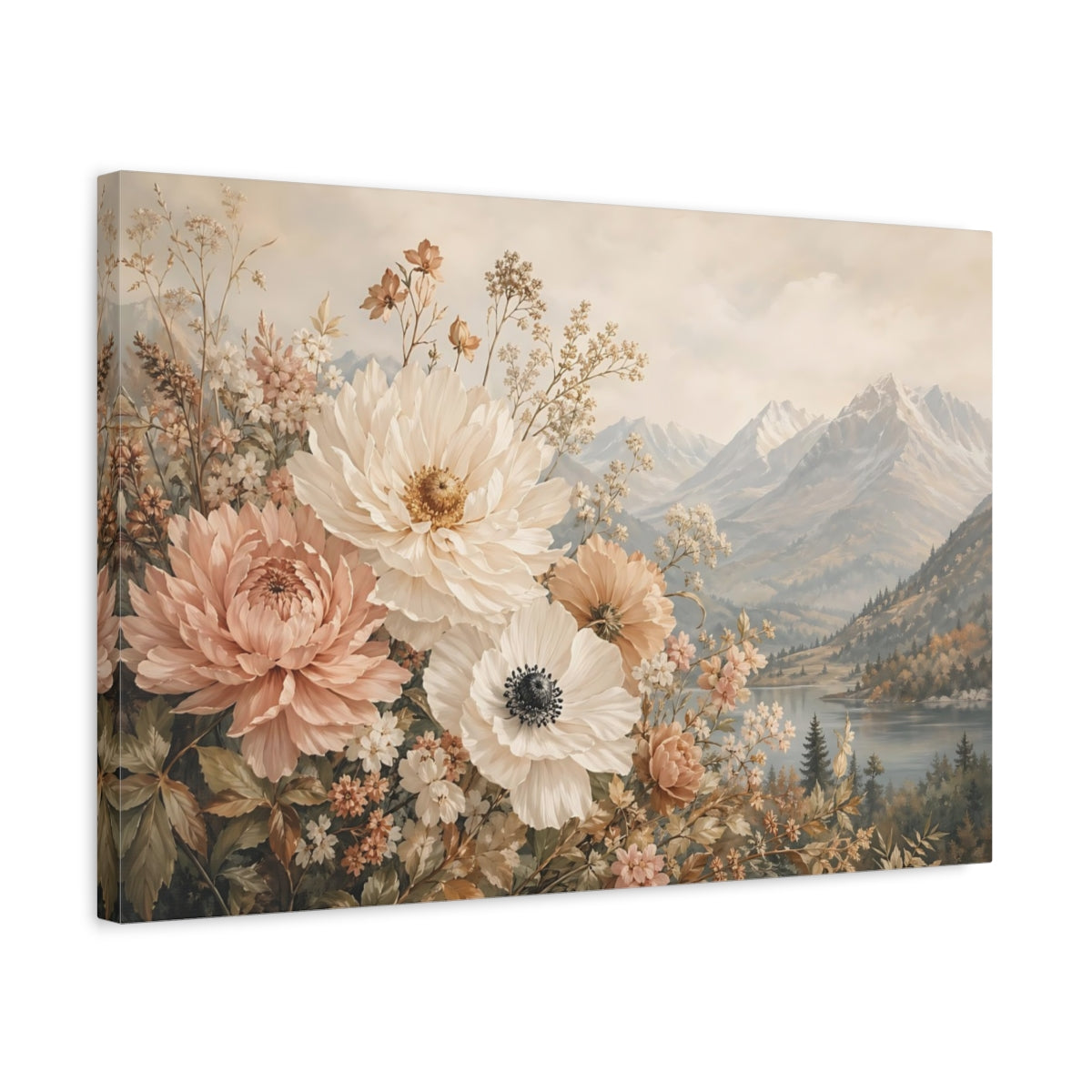 Side Mockup 3. Floral Garden Flowers Pastel Floral shown as stretched canvas wall art
