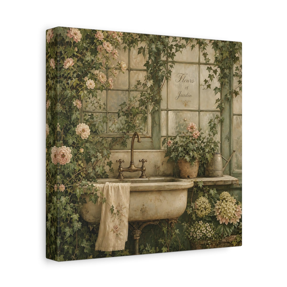 Side Mockup 9. Floral Garden Sink Green Floral shown as stretched canvas wall art