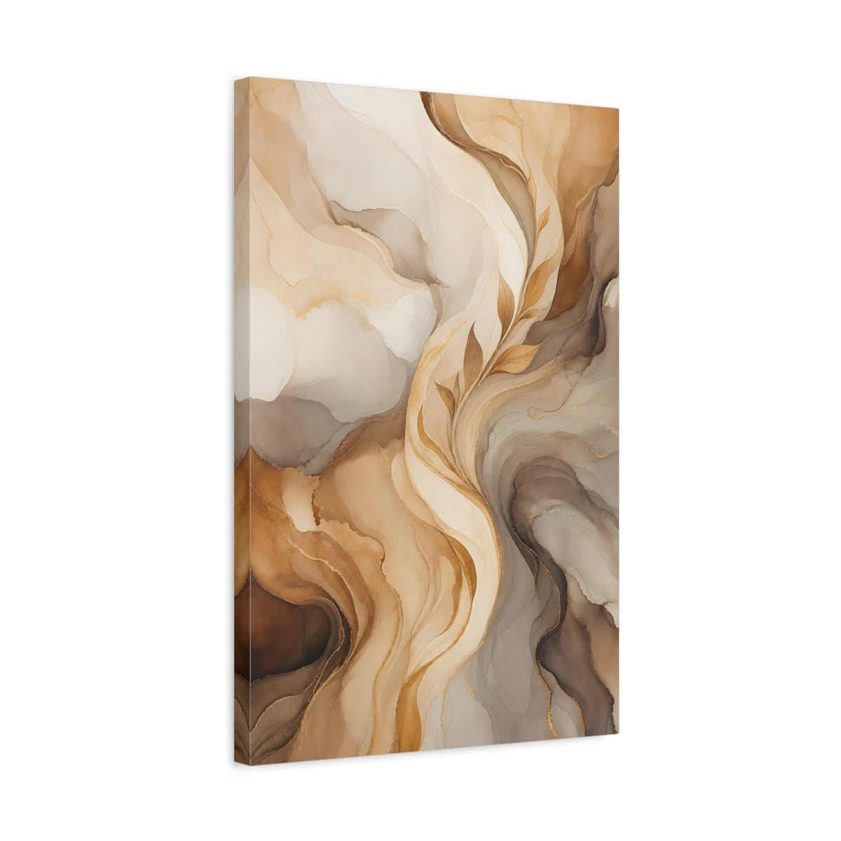 Side Mockup 3. Floral Golden Leaves Brown And Gold Abstract shown as stretched canvas wall art