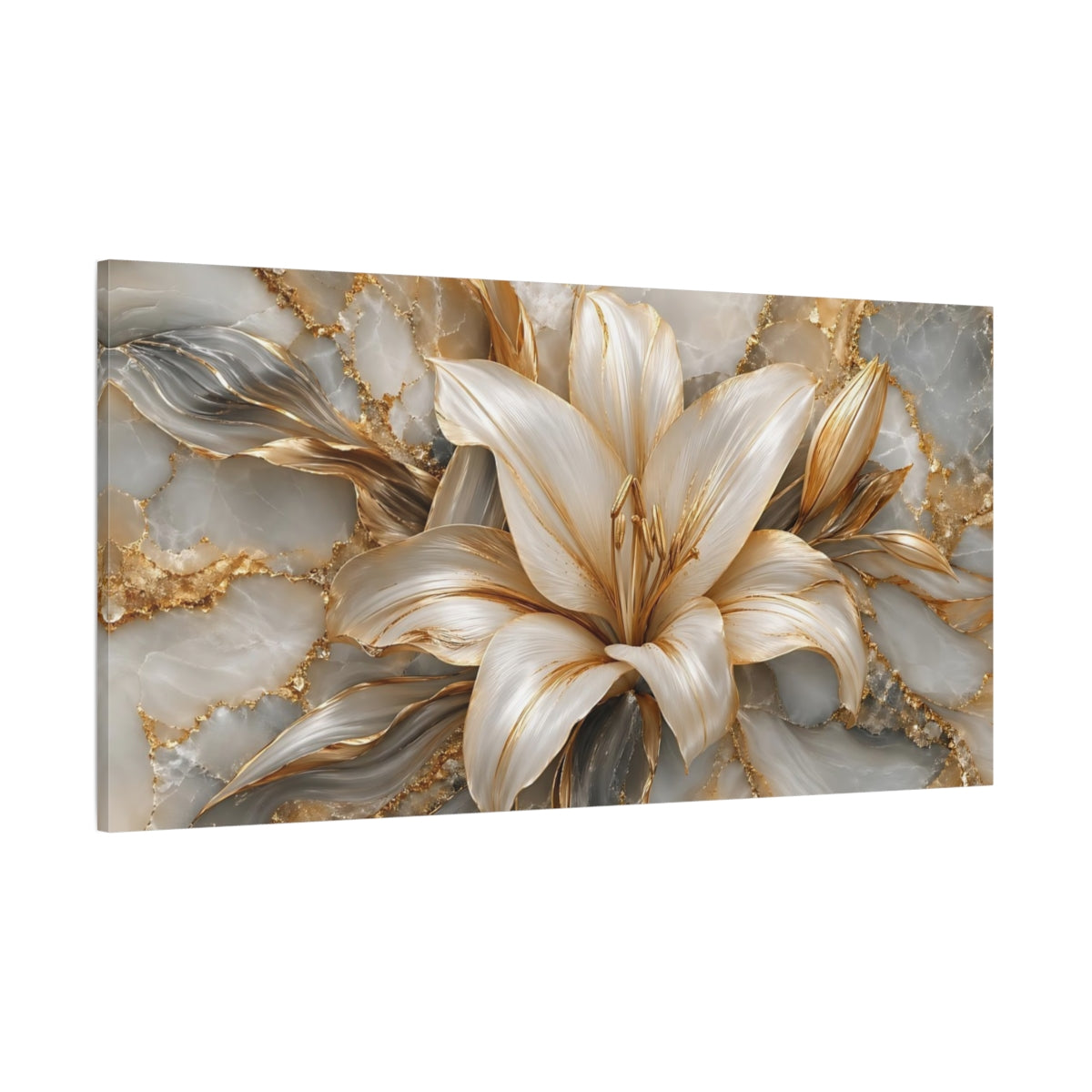 Side Mockup 2. Floral Golden Lily Gold White Marble shown as stretched canvas wall art