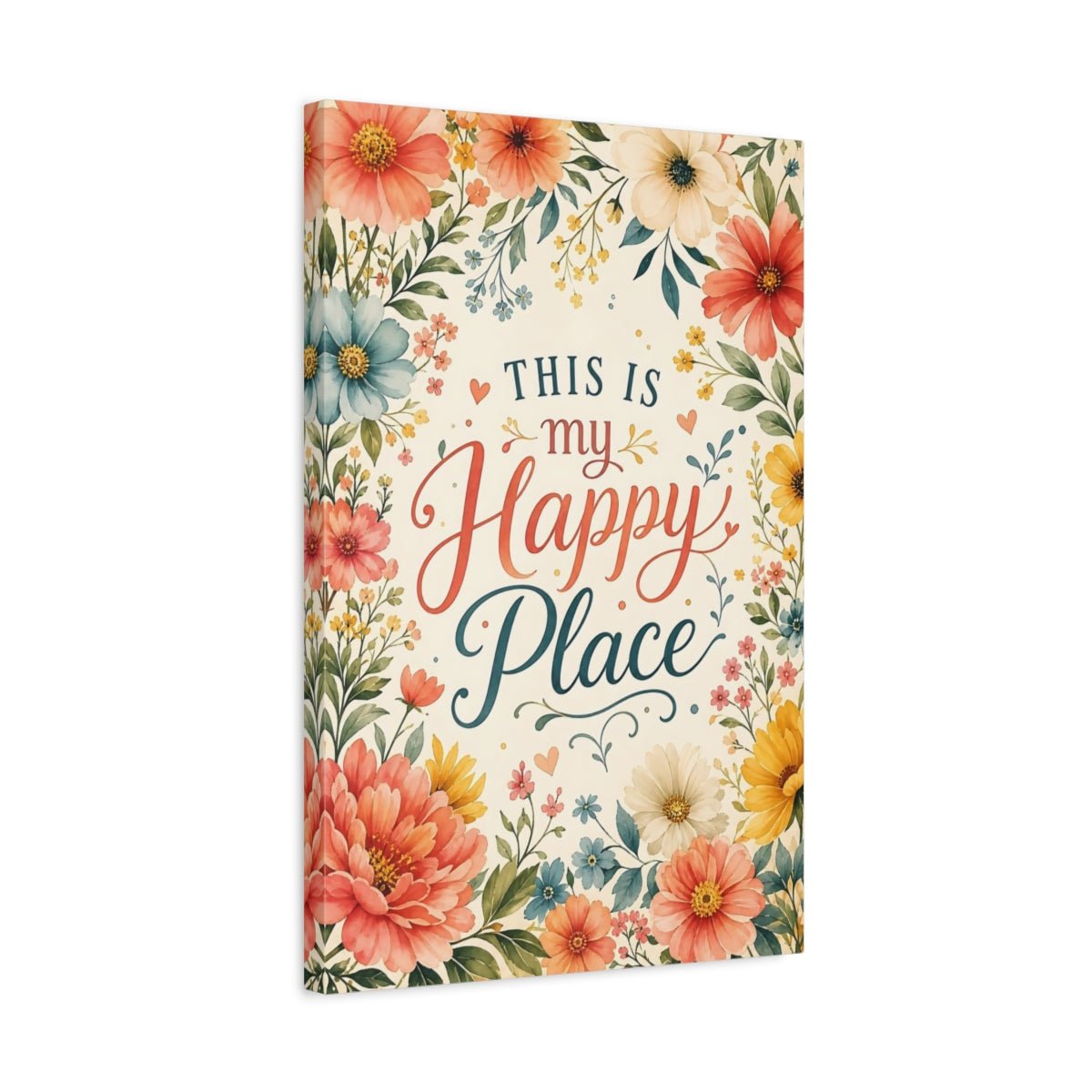 Floral Happy Place Quote Colorful Canvas Wall Art Print – Watercolor Living Room, Above Console Table - YesArtYes