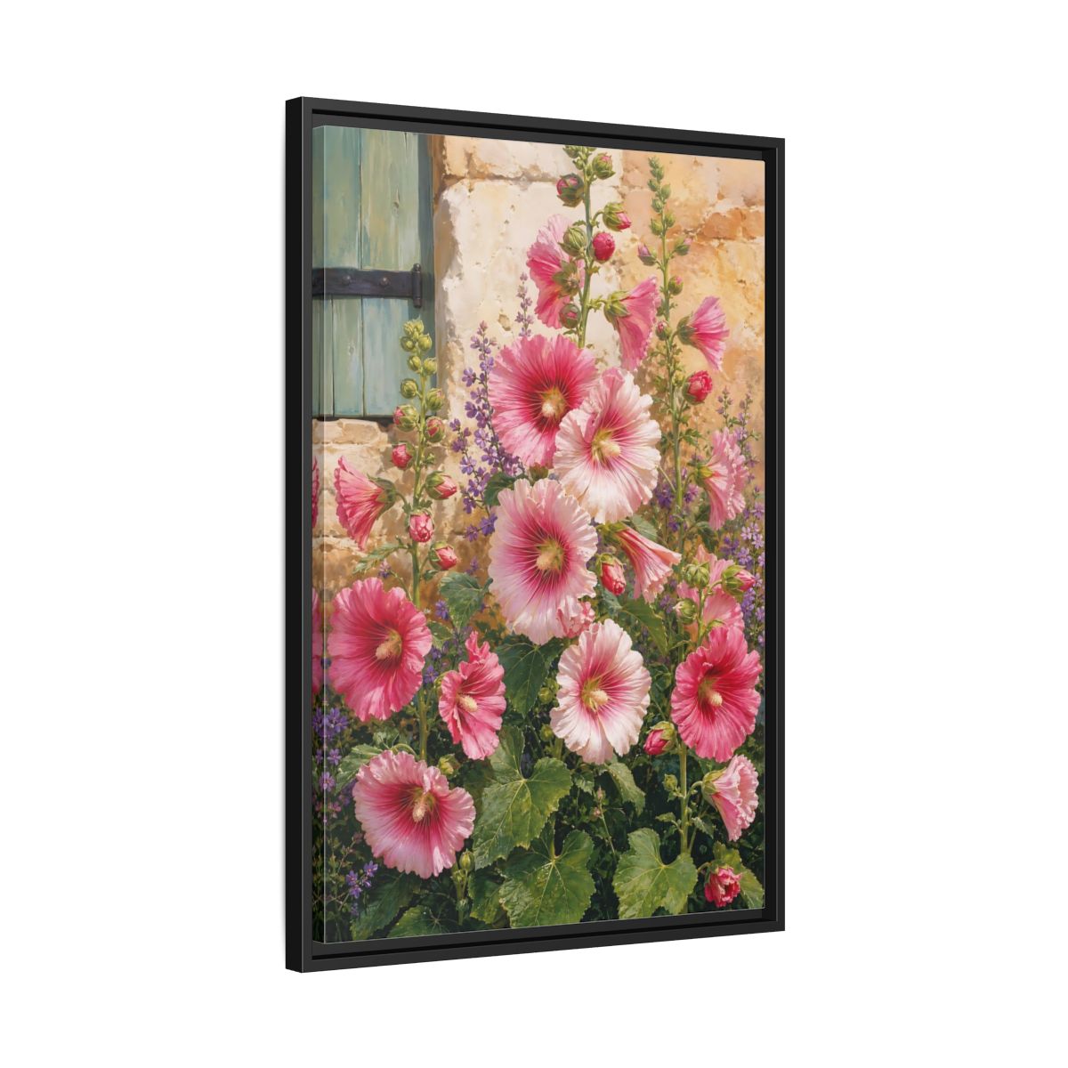 Side Mockup 14. Floral Hollyhocks Pink Hollyhocks shown as framed canvas print