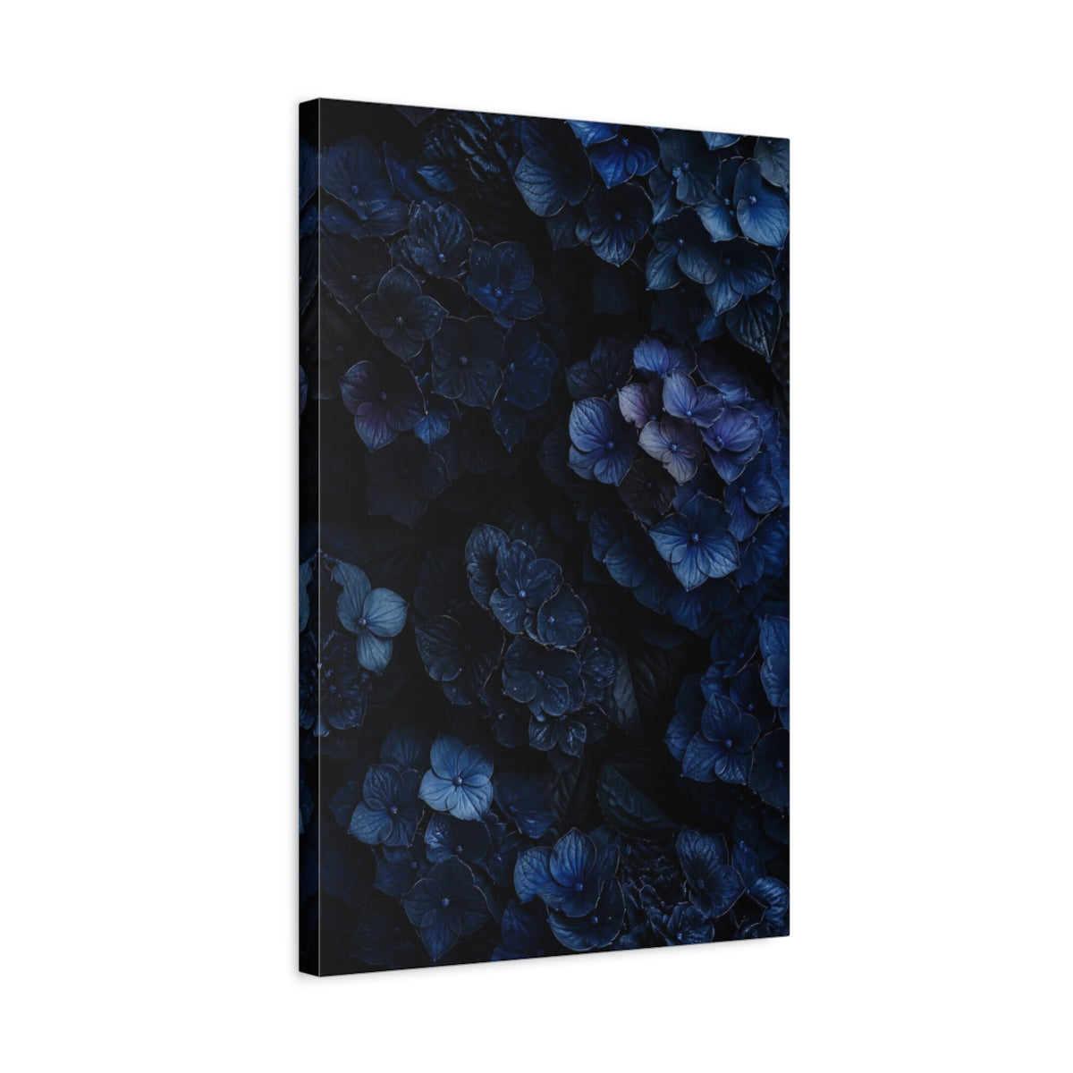Side Mockup 3. Floral Hydrangea Dark Blue Flowers shown as canvas print