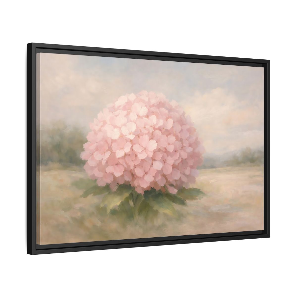 Side Mockup 14. Floral Hydrangea Pink And Pastel shown as stretched canvas wall art