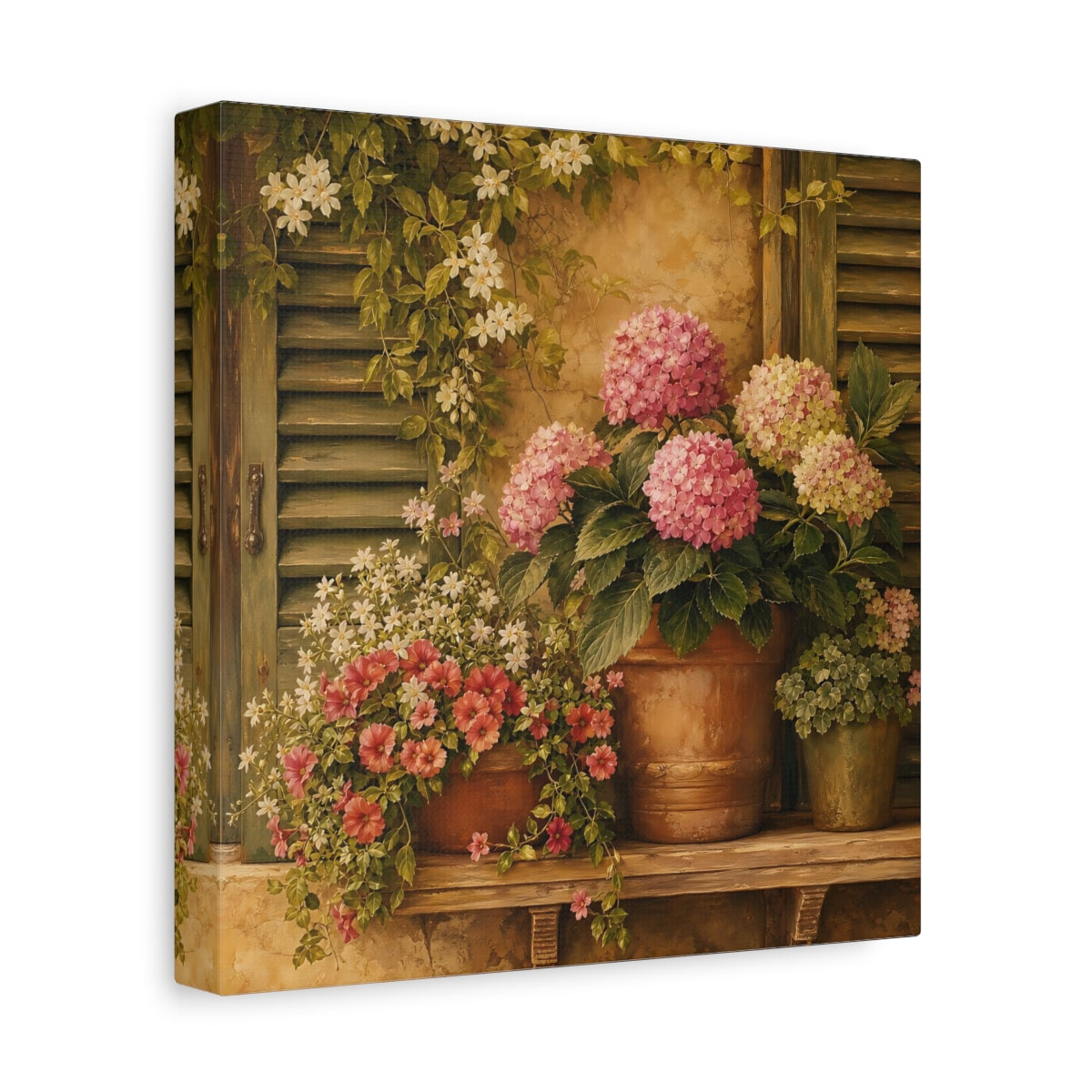 Side Mockup 9. Floral Hydrangeas Pink Hydrangeas shown as stretched canvas wall art