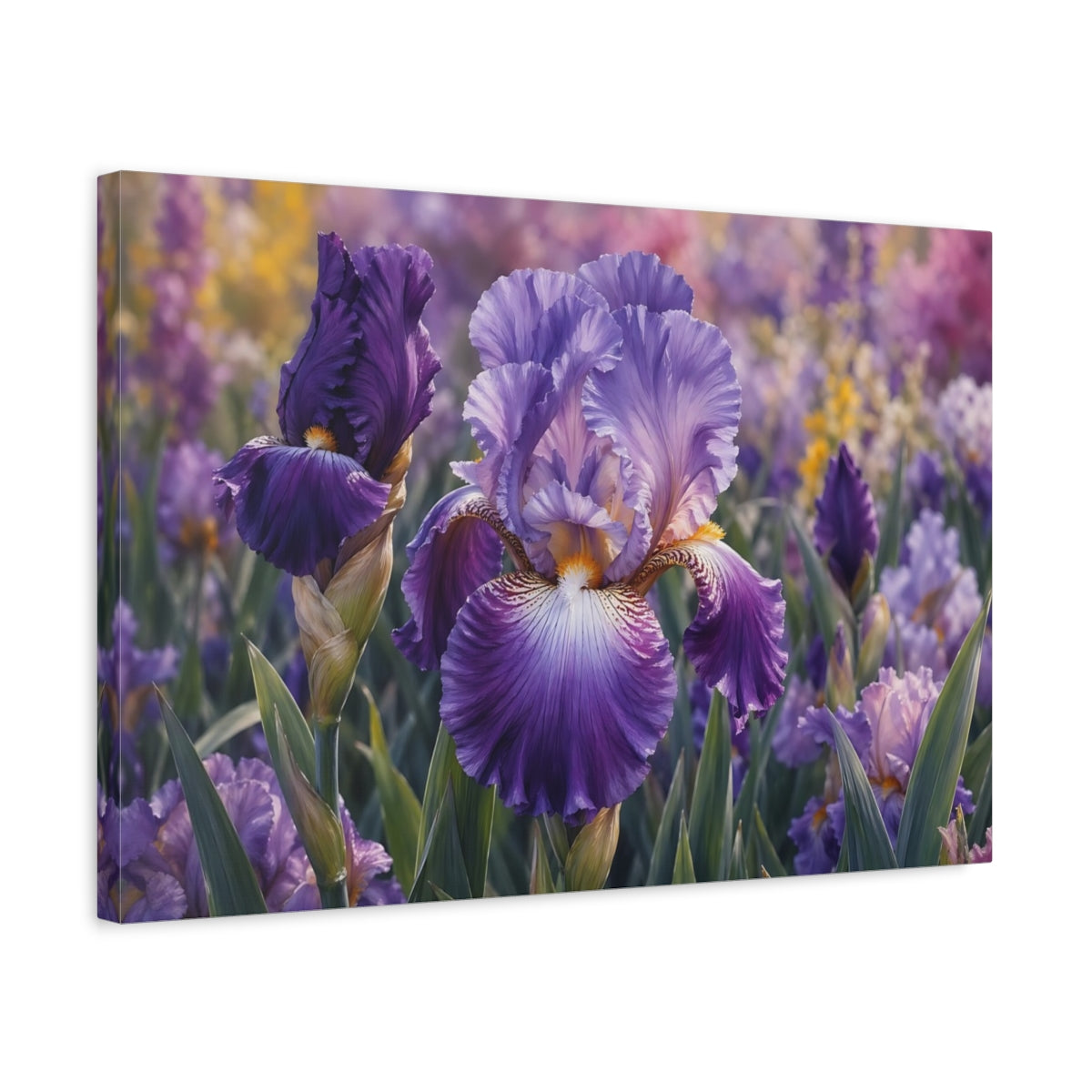 Side Mockup 3. Floral Iris Flower Purple Iris shown as stretched canvas wall art