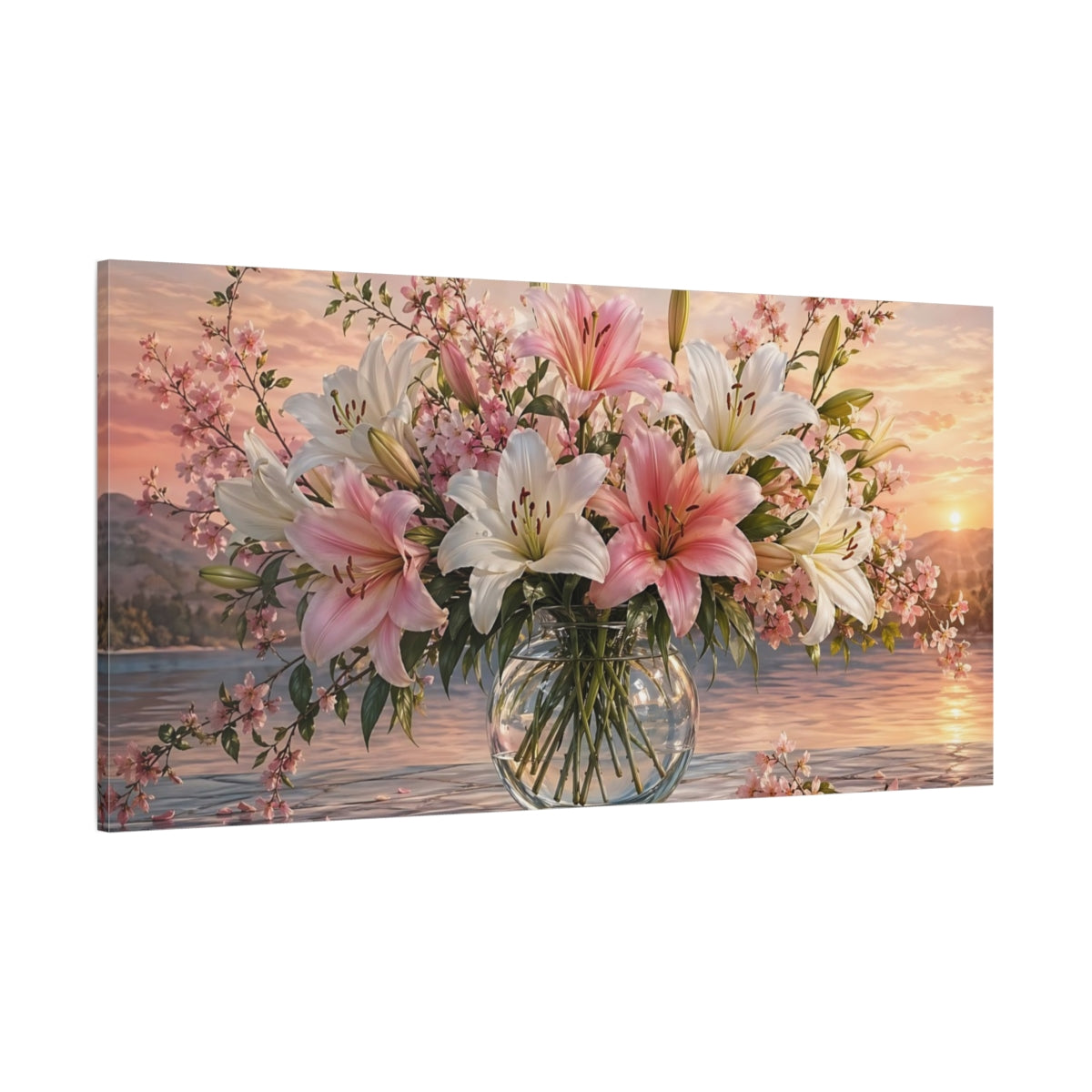 Side Mockup 2. Floral Lilies Pink White Sunset shown as stretched canvas wall art