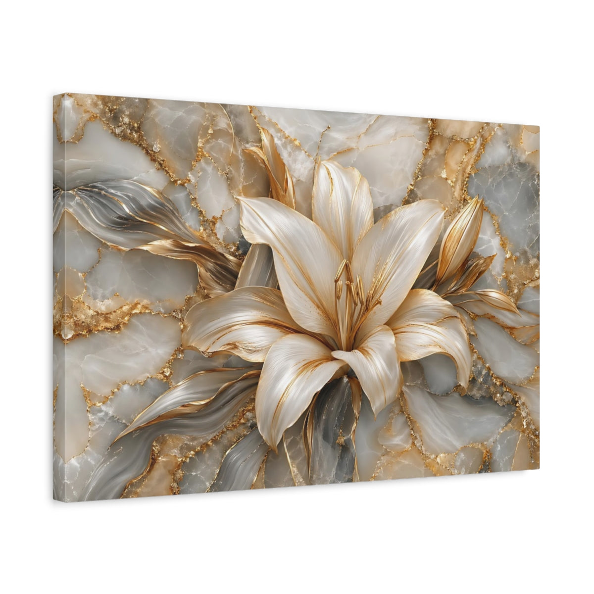 Side Mockup 3. Floral Lily Flower Gold And Gray shown as stretched canvas wall art