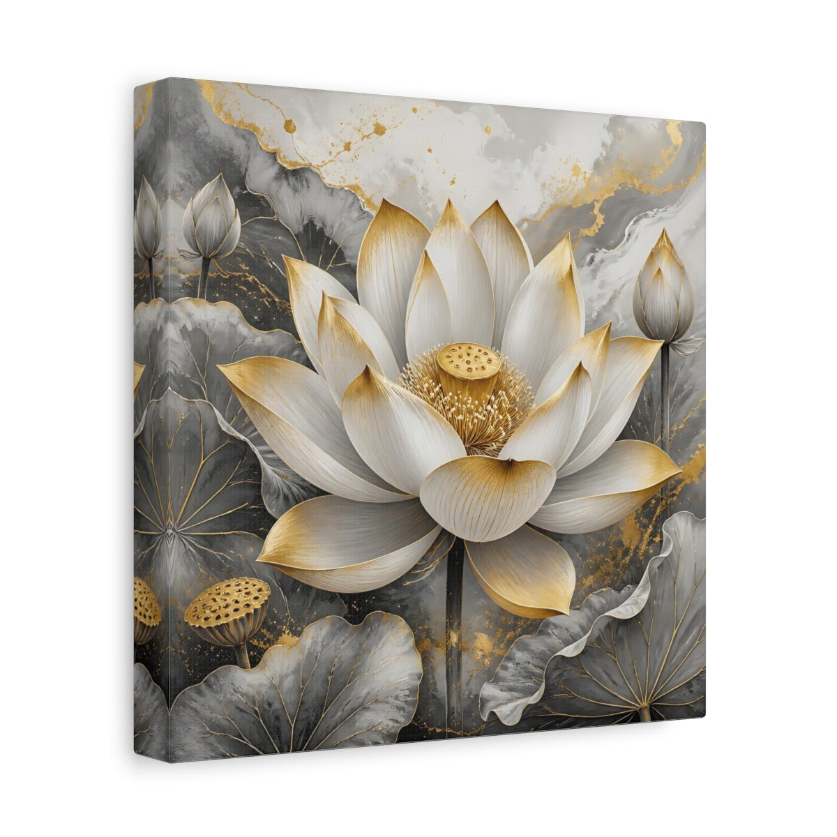 Side Mockup 9. Floral Lotus Flower Gold And Gray Lotus shown as stretched canvas wall art