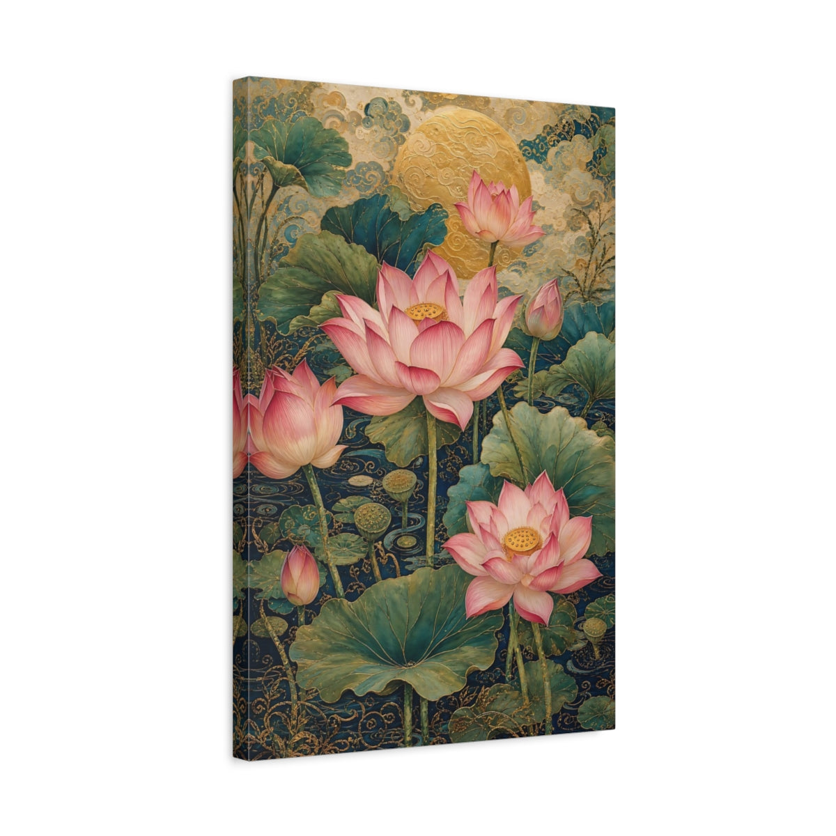 Side Mockup 3. Floral Lotus Flowers Pink Lotus Gold shown as stretched canvas wall art