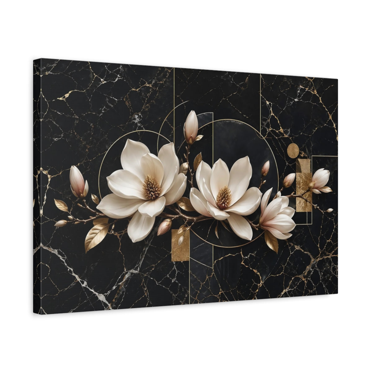 Side Mockup 3. Floral Magnolia Flowers Black And Gold shown as stretched canvas wall art