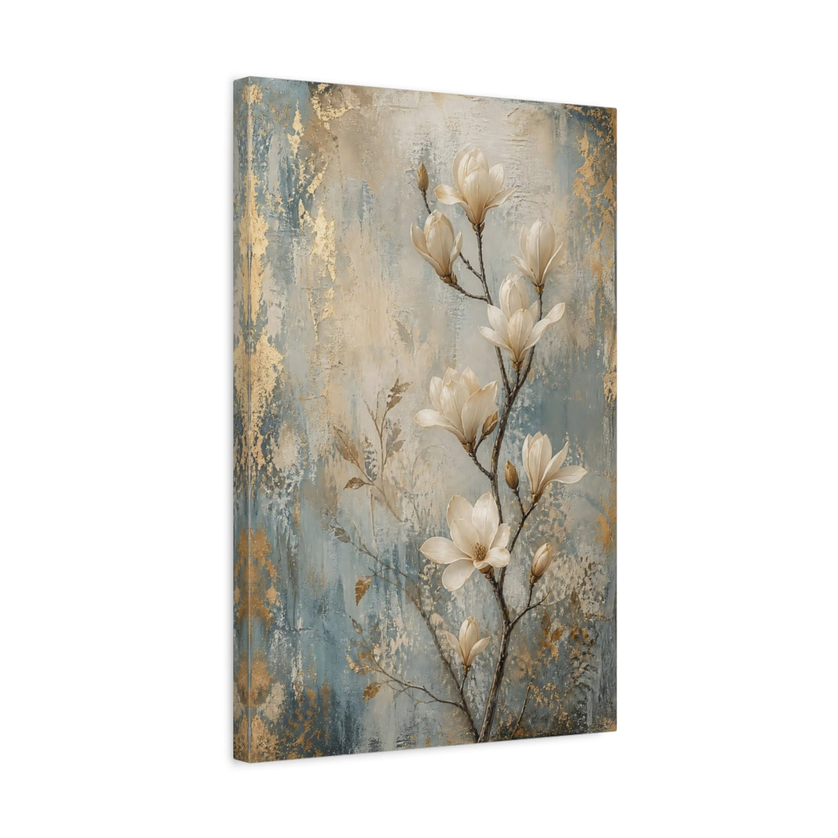 Side Mockup 3. Floral Magnolia Flowers Gold Blue Magnolia shown as stretched canvas wall art
