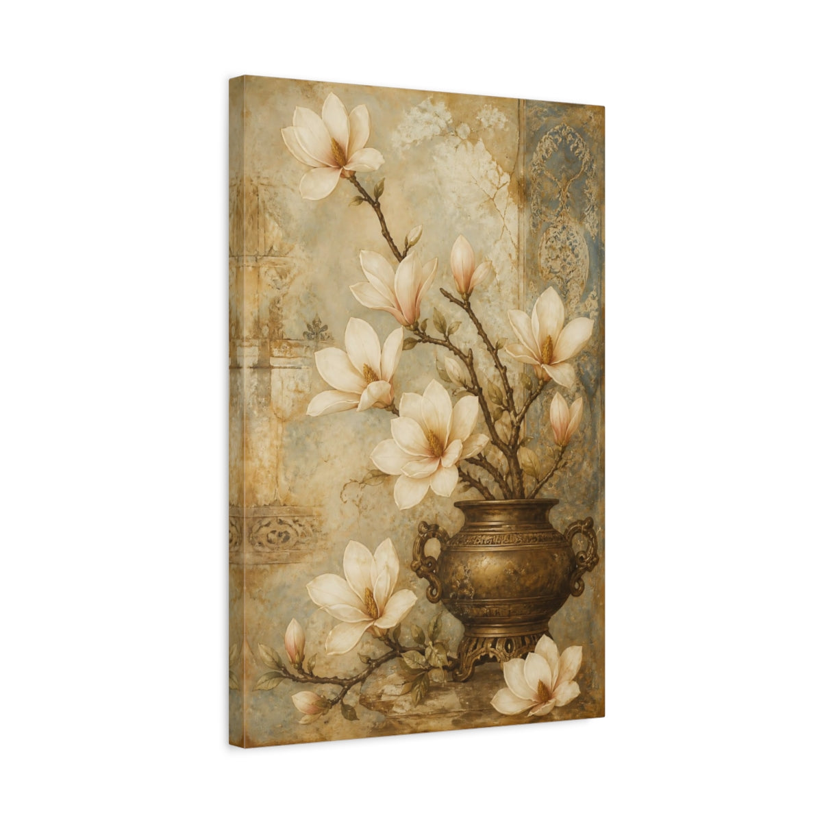 Side Mockup 3. Floral Magnolias Beige And Blue shown as canvas print