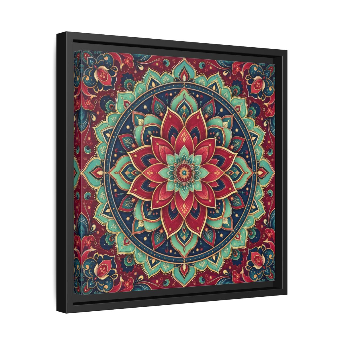 Side Mockup 32. Floral Floral Mandala Red Teal Mandala shown as framed canvas print