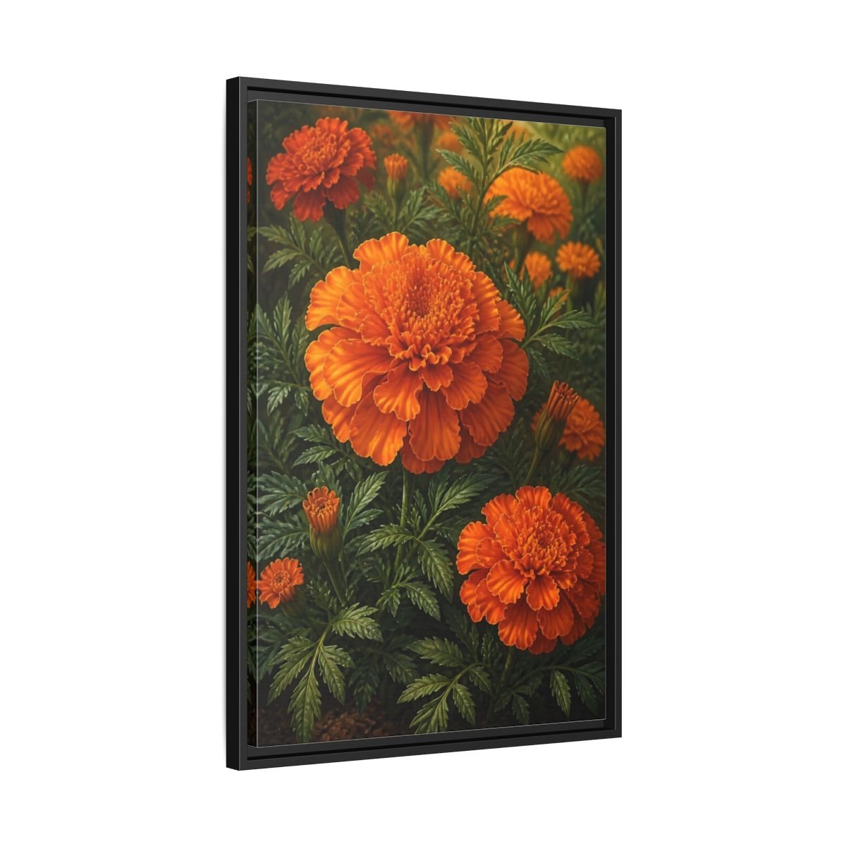 Floral Marigold Flowers Orange And Green Framed Canvas Print – Living Room, Above Couch - YesArtYes