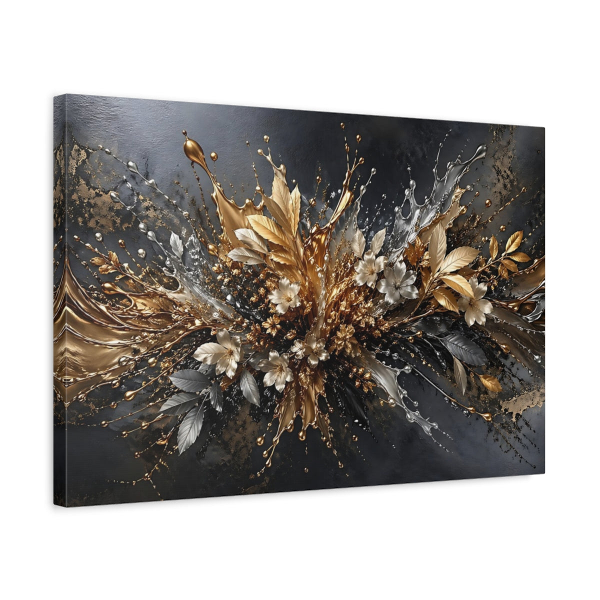 Side Mockup 3. Floral Metallic Flowers Gold Silver Abstract shown as stretched canvas wall art