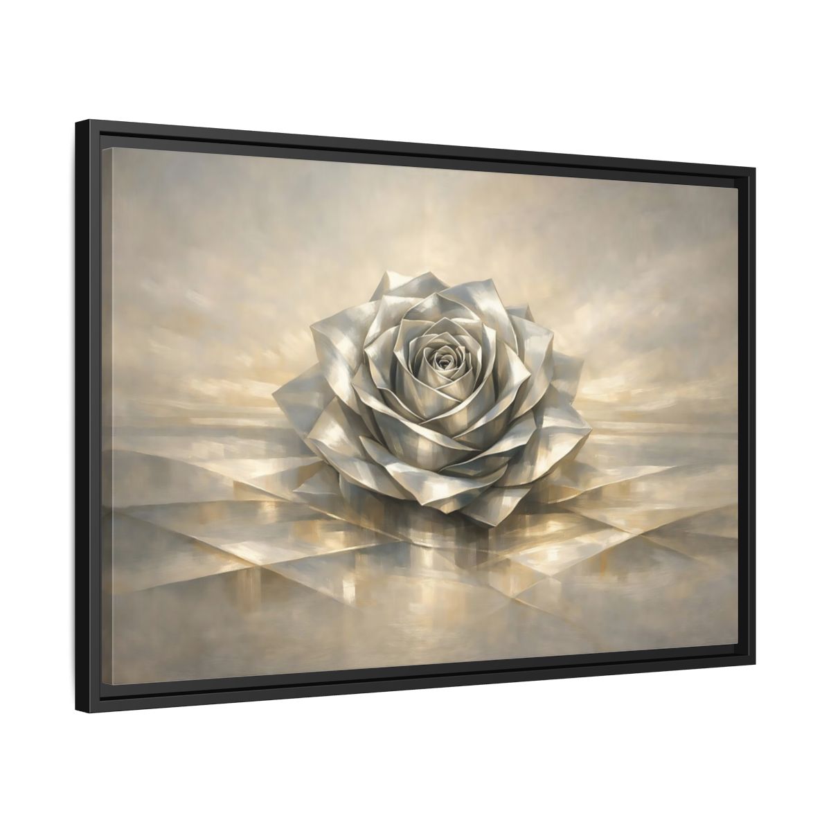 Side Mockup 14. Floral Metallic Rose Silver Rose Art shown as stretched canvas wall art