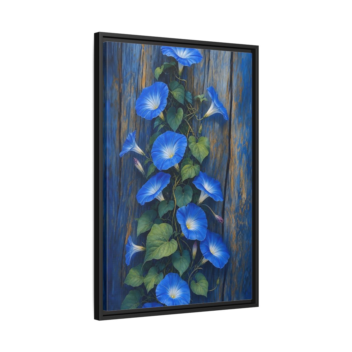 Side Mockup 14. Floral Morning Glories Blue Floral shown as framed canvas print