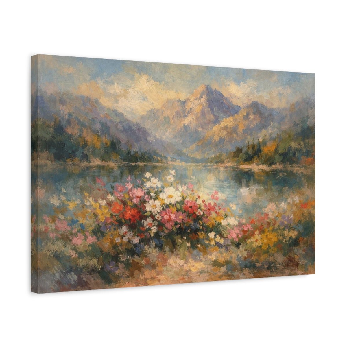 Floral Mountain Lake Lakeside Flowers Nature - Canvas Wall Art Print - YesArtYes