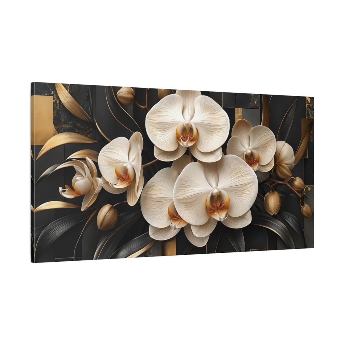 Side Mockup 2. Floral Orchids Black And Gold shown as stretched canvas wall art