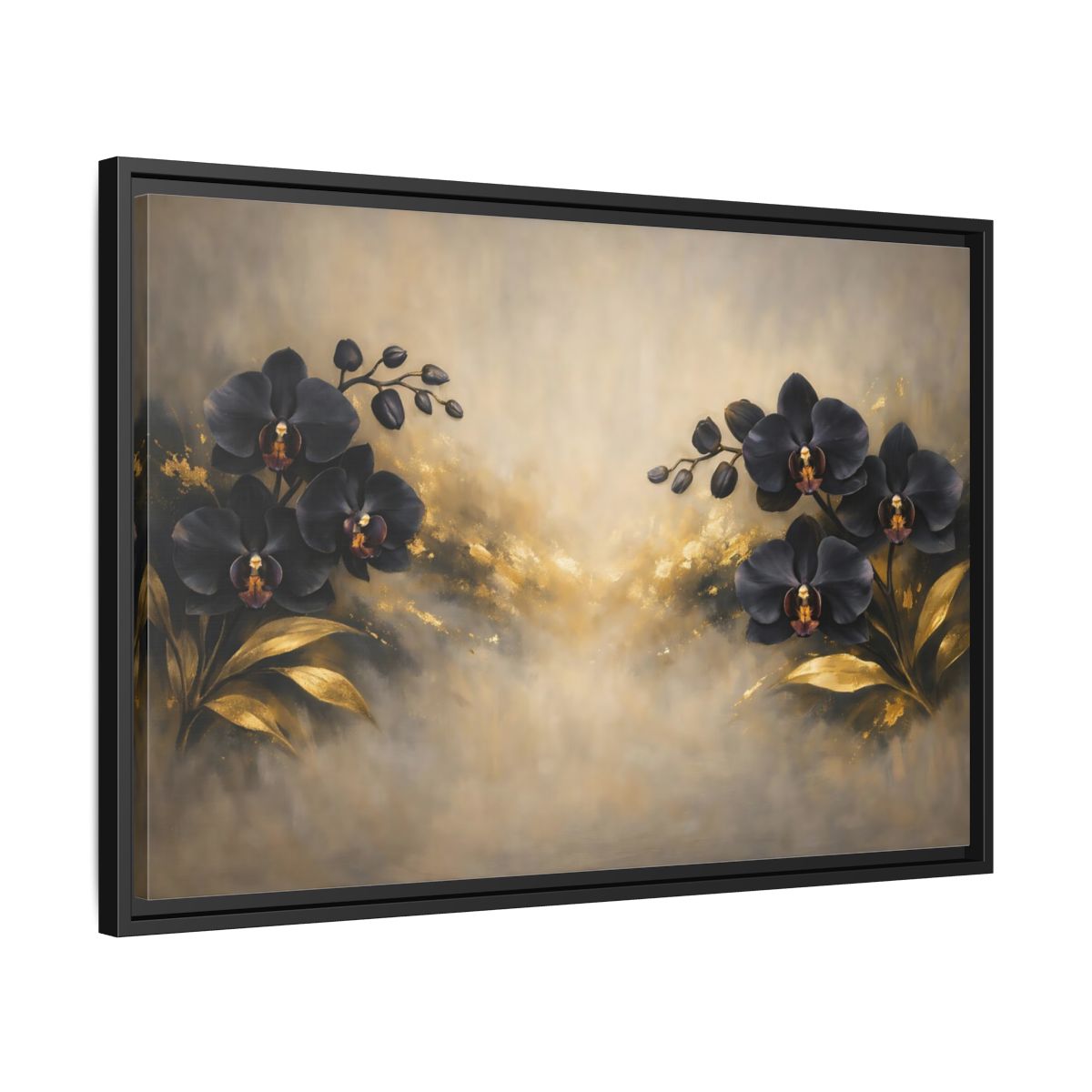 Side Mockup 14. Floral Orchids Black Gold Orchids shown as stretched canvas wall art