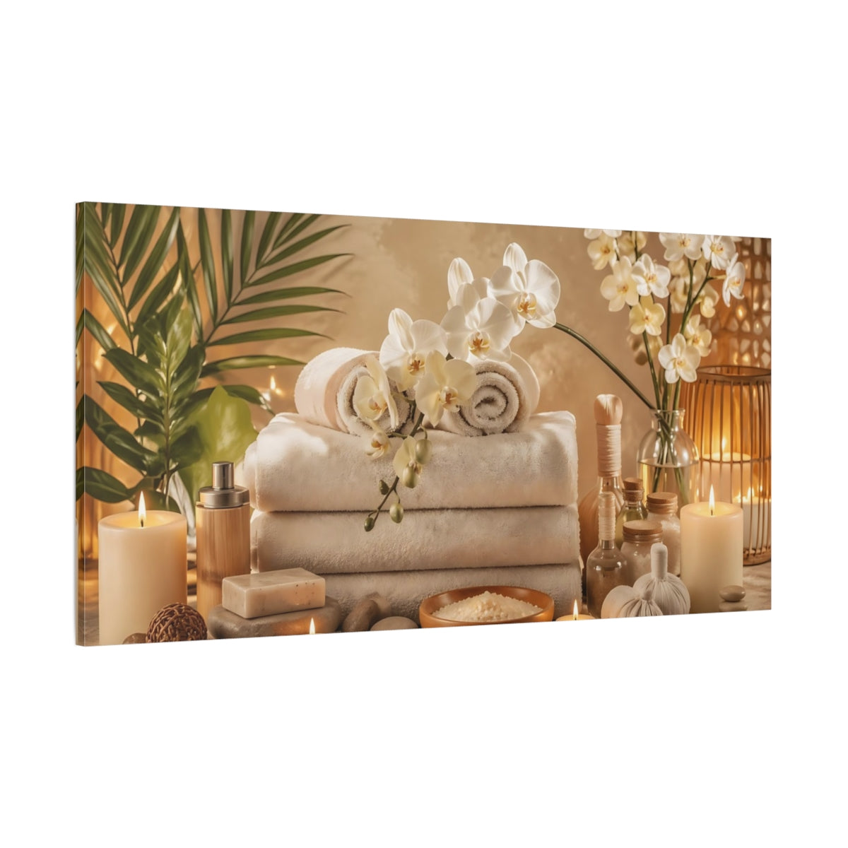 Side Mockup 2. Floral Orchids Neutral Spa Decor shown as stretched canvas wall art
