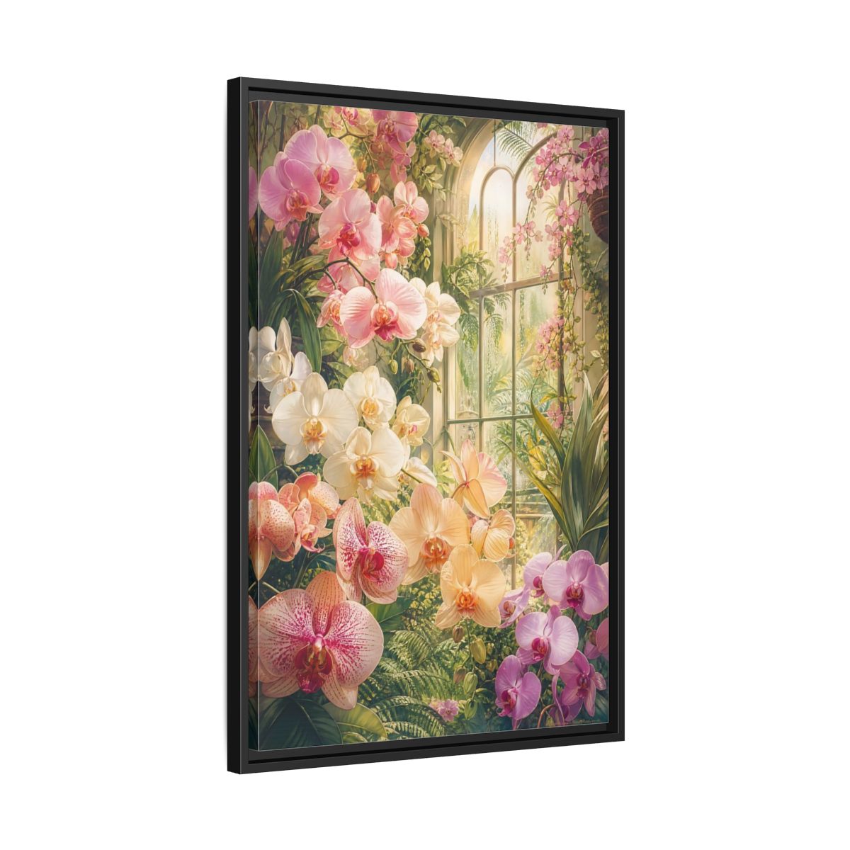 Side Mockup 14. Floral Orchids Pink Orchid Greenhouse shown as framed canvas print
