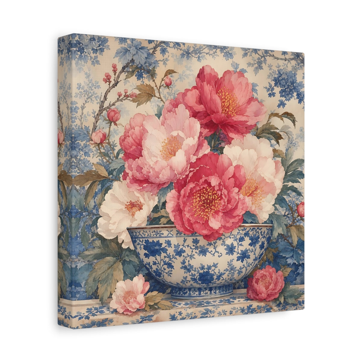 Side Mockup 9. Floral Peonies Pink And Blue Floral shown as stretched canvas wall art