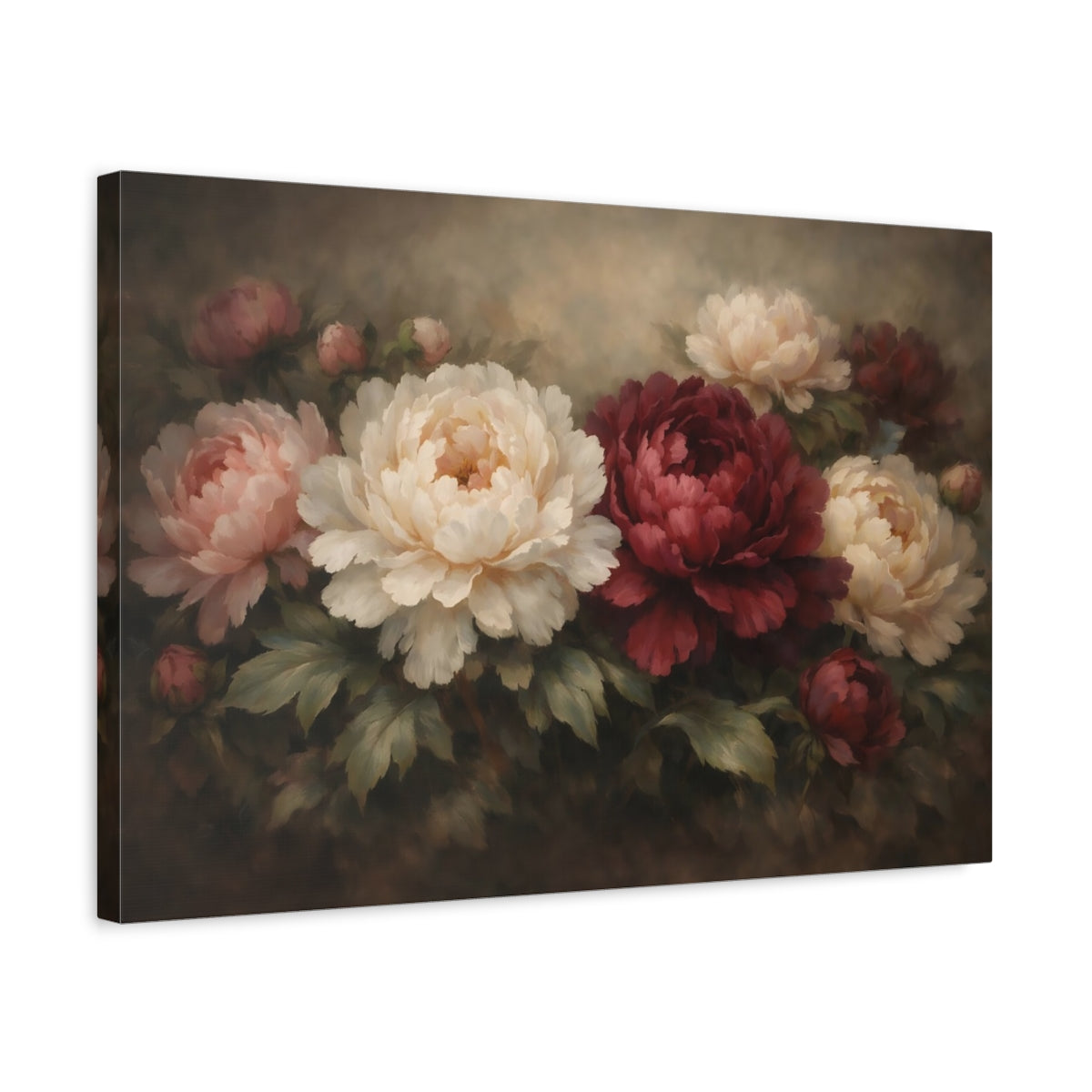 Side Mockup 3. Floral Peonies Red White Peonies shown as stretched canvas wall art