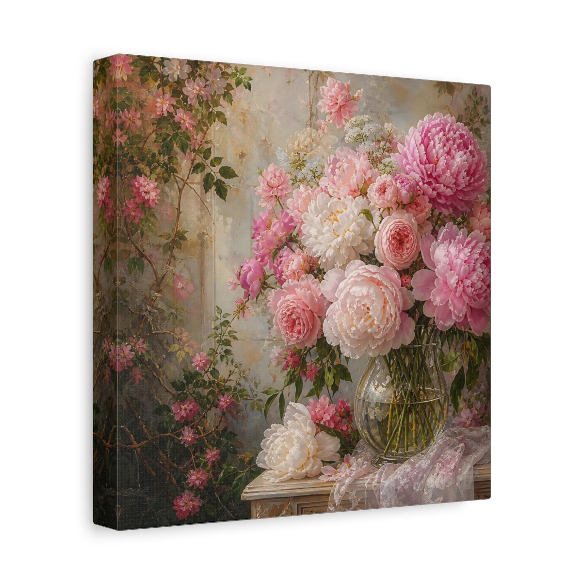 Side Mockup 9. Floral Peonies Roses Pink Floral Arrangement shown as stretched canvas wall art